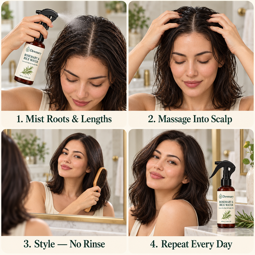 How to use Dewmary in four steps: mist roots and lengths, massage into scalp, style with no rinse, repeat every day.
