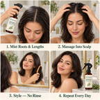 How to use Dewmary in four steps: mist roots and lengths, massage into scalp, style with no rinse, repeat every day.