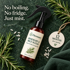 Dewmary Rosemary & Rice Water mist with rosemary sprigs and rice grains. No boiling. No fridge. Just mist. Keeps 12 months after opening.
