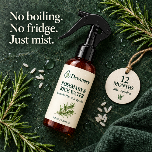 Dewmary Rosemary & Rice Water mist with rosemary sprigs and rice grains. No boiling. No fridge. Just mist. Keeps 12 months after opening.