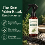 The rice water ritual, ready to spray: rosemary for longer-looking hair, rice water for thicker-looking hair, water-based with no rinse and no grease.