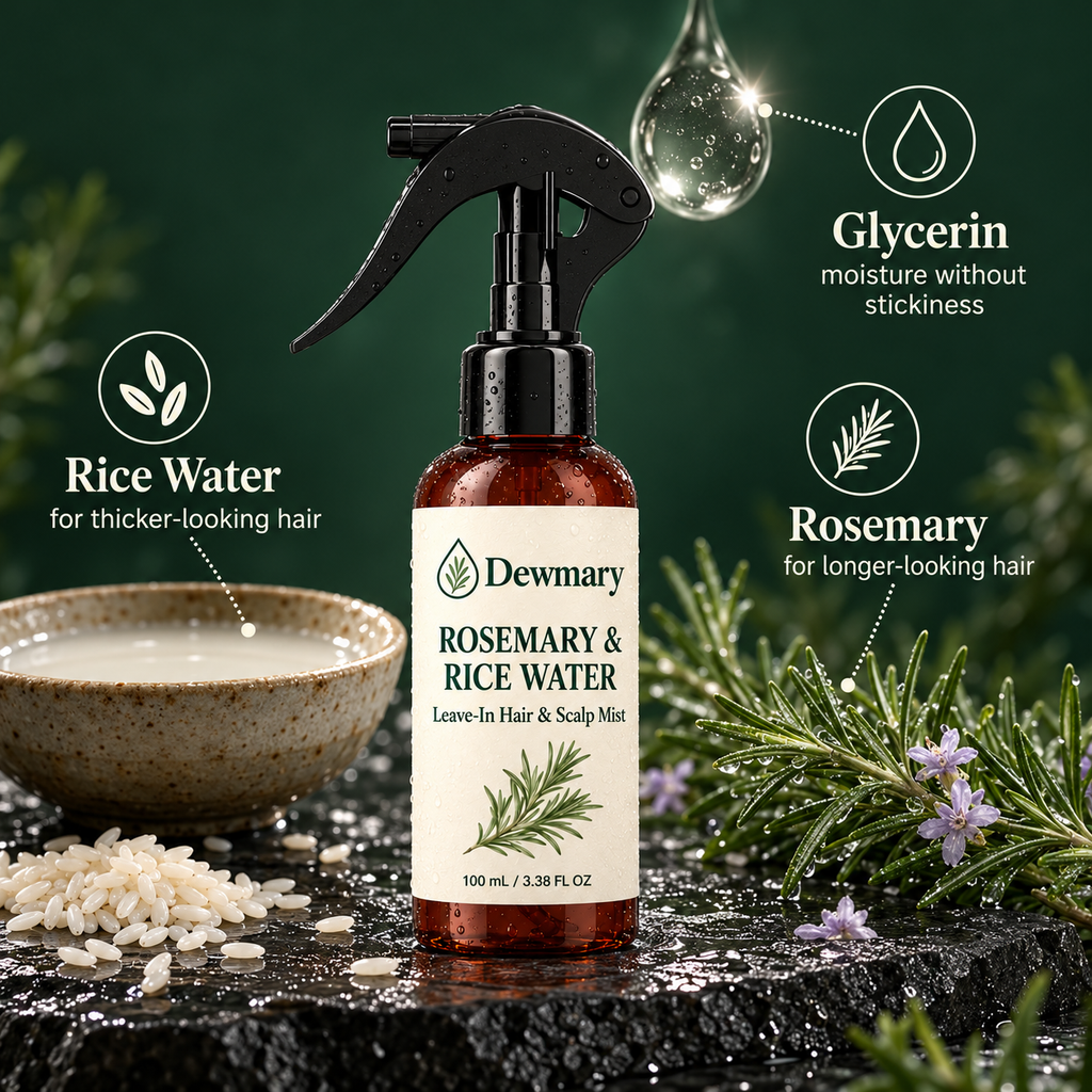 Dewmary with rice water for thicker-looking hair, rosemary for longer-looking hair and glycerin for moisture without stickiness.