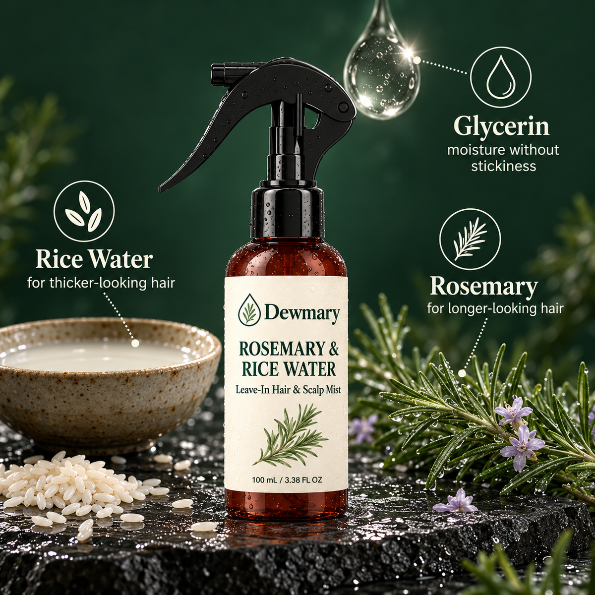 Dewmary with rice water for thicker-looking hair, rosemary for longer-looking hair and glycerin for moisture without stickiness.