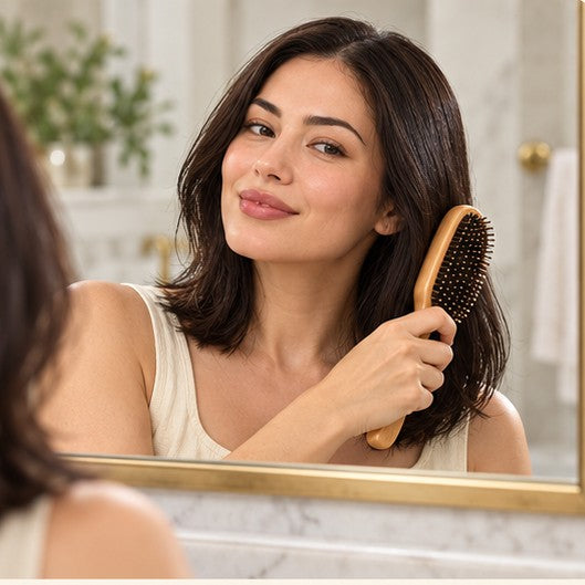 Woman brushing her hair in the mirror